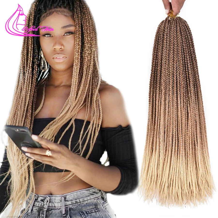 

24Inch Long Box Braids Crochet Hair Rainbow Ombre Brown Blonde Color Synthetic Hand Made Braiding Hair Extensions 22Strands/pc