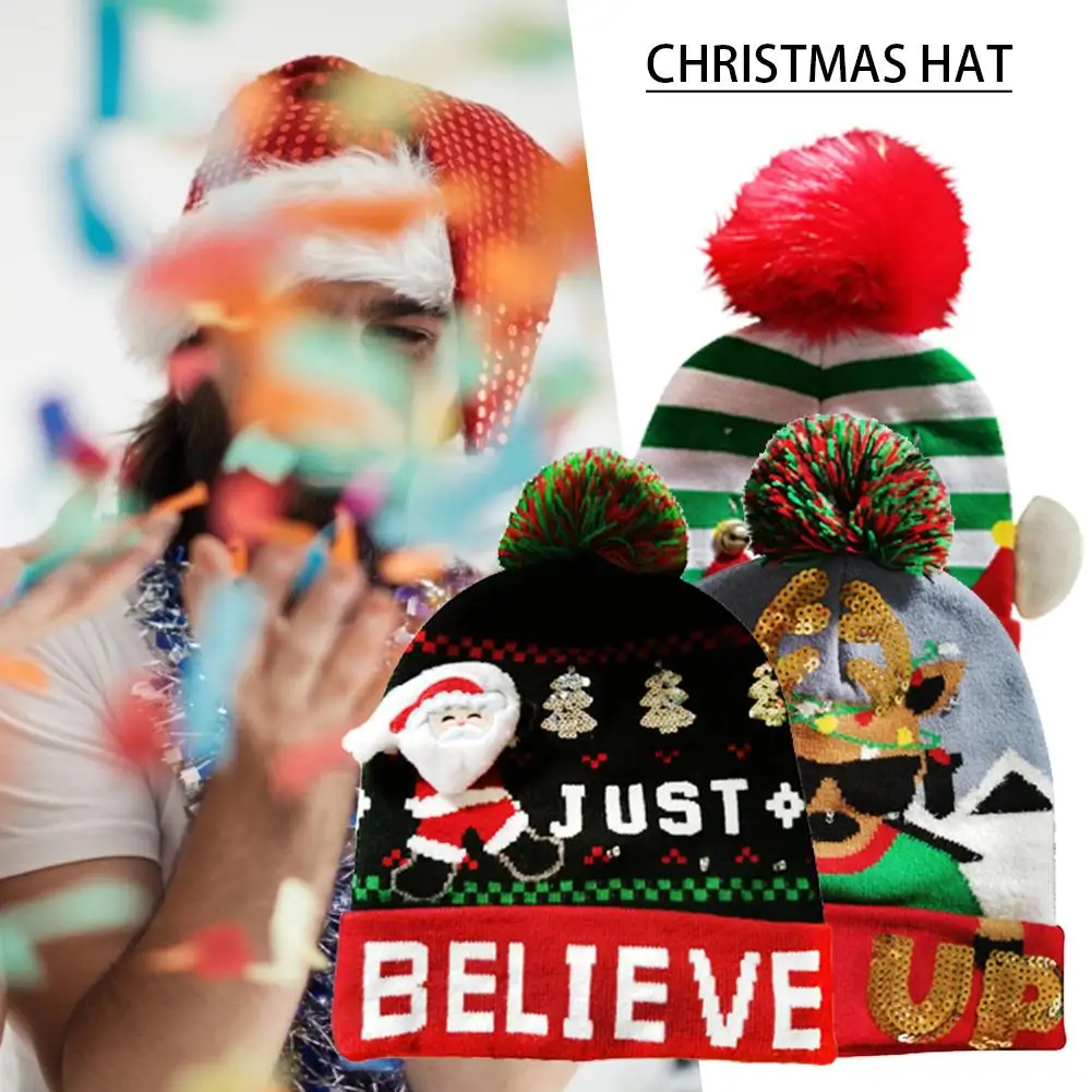 LED Luminous Christmas Hat Innovative Warm Winter Knit Wool Hats Cap Kids Adult Holiday Party Gift for Men and Women
