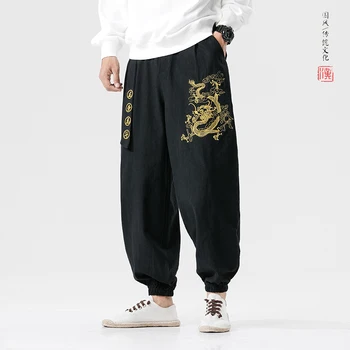 

MRDONOO Chinese Style Dragon Embroidery Casual Harem Pants Wide leg Joggers Trousers With Belt Loose Ankle Banded Pants Male