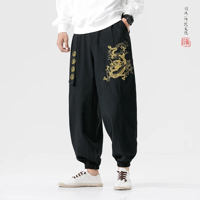 MRDONOO Chinese Style Dragon Embroidery Casual Harem Pants Wide leg Joggers Trousers With Belt Loose Ankle Banded Pants Male MRDONOO Chinese Style Dragon Embroidery Casual Harem Pants Wide leg Joggers Trousers With Belt Loose Ankle Banded Pants Male
