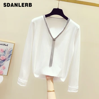 

Tshirt Women 2020 Spring New Korean Fashion Tassel Chain V-neck Long-Sleeve Was Thin T-shirt Women's Casual T Shirts Tees Tops