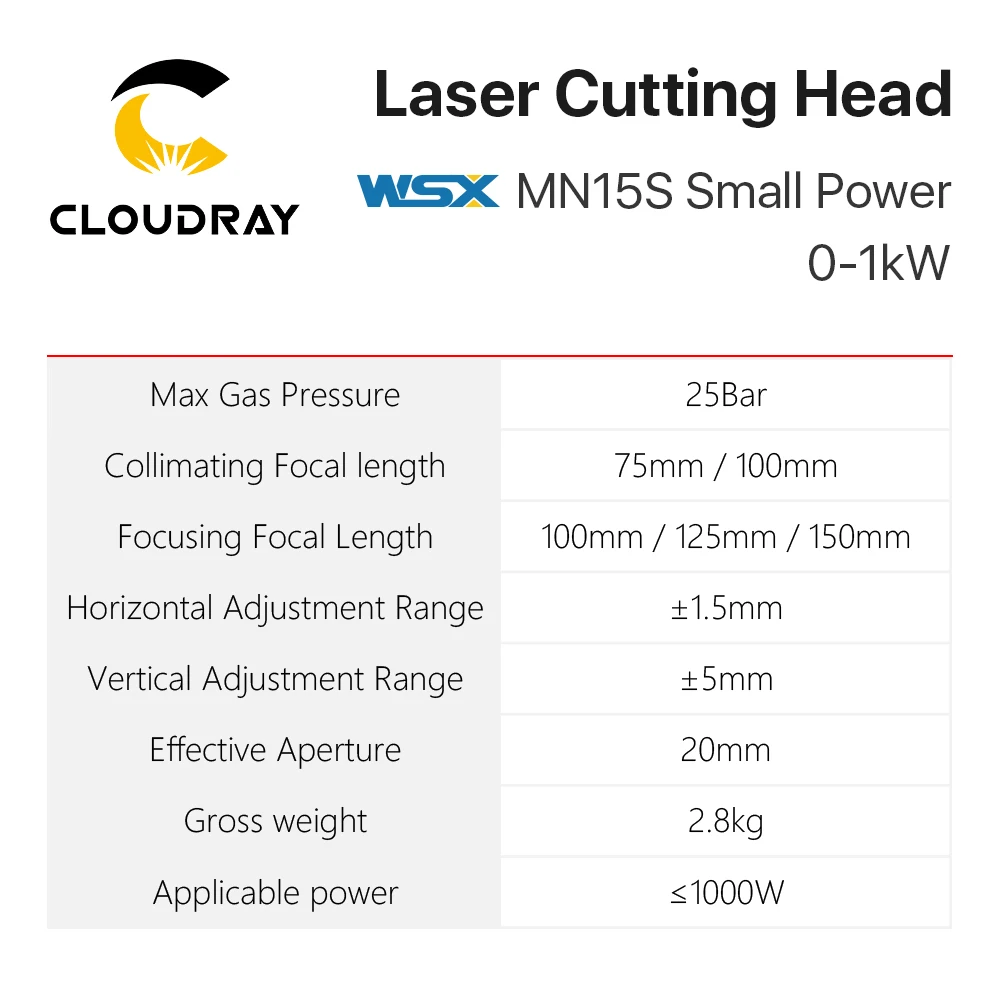 Cloudray WSX 0-1KW MN15S маленькая мощность волоконная Лазерная режущая головка Максимальная мощность лазера 1000 Вт для резки металла