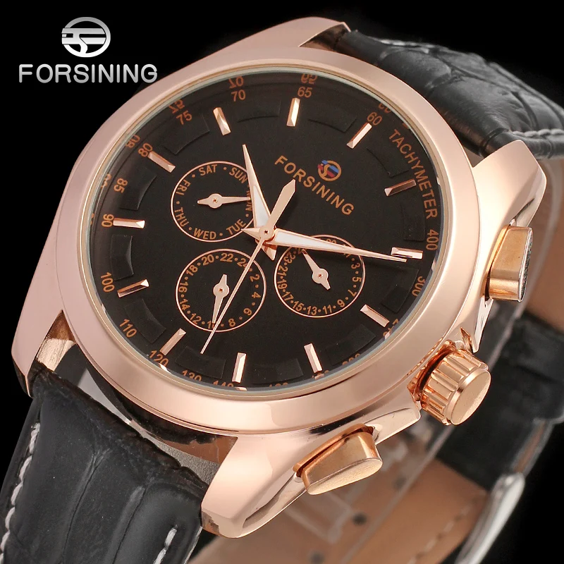 

Forsining 2019 Retro Fashion Designer Three Dial Decoration Genuine Leather Golden Men Luxury Brand Automatic Mechanical Watches