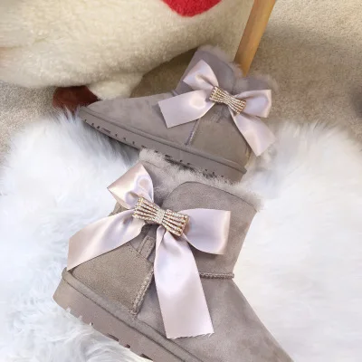 Серый Blinging/; красивые женские зимние ботинки из натуральной овечьей кожи с бантом; женские ботинки на натуральном меху; теплые зимние ботинки с шерстью - Цвет: Серый