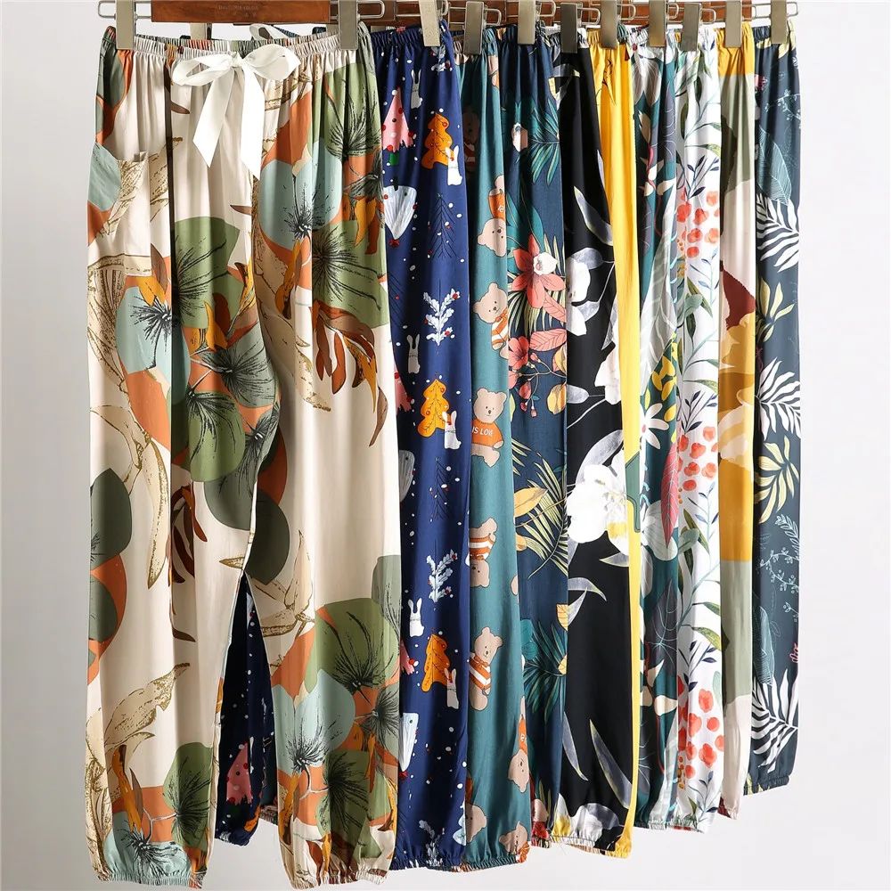 

Spring Summer Printed Pajama Home Pants Women Thin Soft Pants Korean Style Loose Sweat Trousers Femme Plus Size Bottoms Pyjamas
