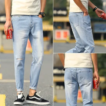 

2019 Xia Chao Men's Slim Fit Cut Rotten Light Color Cowboy Nine Points Pants Handsome Learn Shengfen Pants
