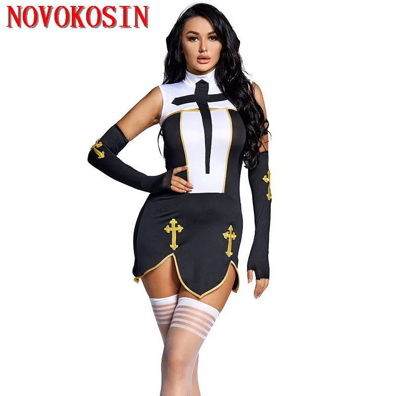 

Halloween Carnival Style Nun Short Dress With Headdress Wrap Hip Slim Fit Style Women Cross Pattern Lotus Hem Cosplay Custome