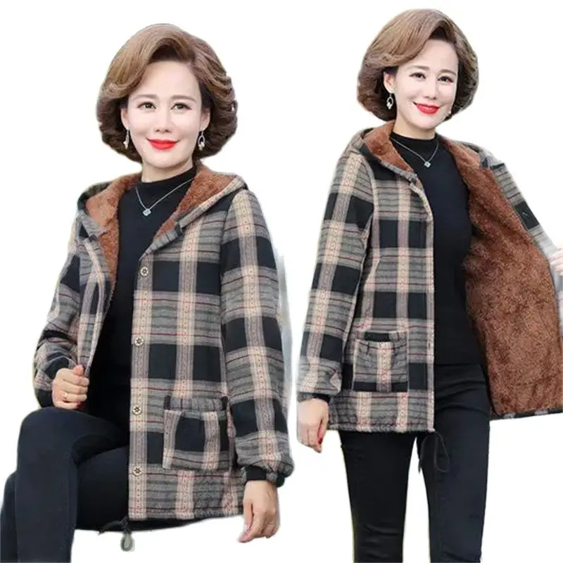 Middle-Aged and Elderly Women's Autumn Winter Fleece Hooded Casual Jacket 40-Year-Old Women's Cotton Outerwear Mother Loose Coat womens coats winter middle aged and elderly mother and grandma clothing pattern cotton jacket plus velvet plus size