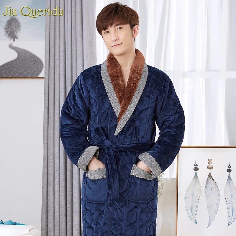 Халат с флисовым мехом, роскошное кимоно мужской, с длинными рукавами, ночная одежда, зимняя Домашняя одежда, 3 слоя, с подкладкой, толстая, размер, кимоно для мужчин