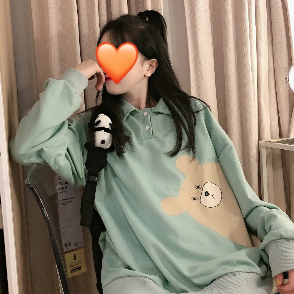 Японский Kawaii милый свитшот с капюшоном с принтом медведя отложной воротник женские толстовки Harajuku Свободные осенние и зимние повседневные топы
