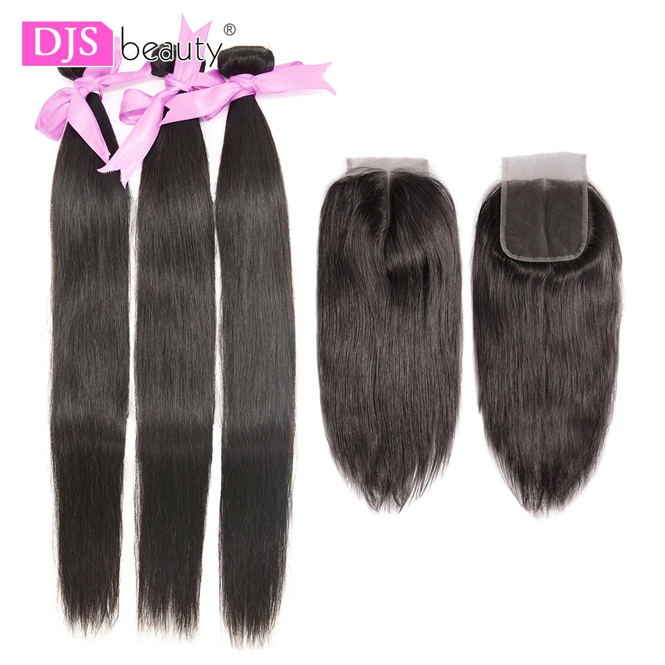 

Brazilian Straight Hair Bundles With Closure 3PCS Human Hair Bundles With Closure 8-40 "Remy Hair Extensions DJSbeauty