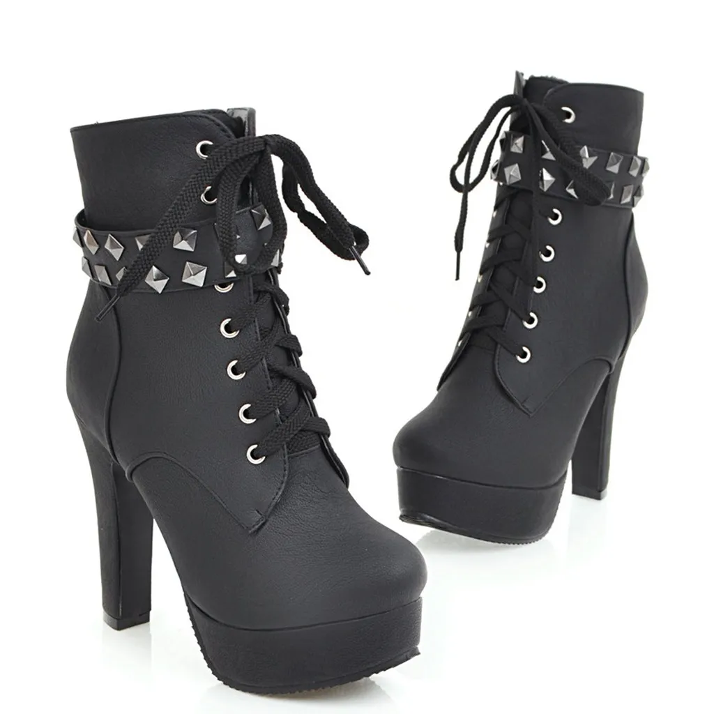 women shoes high heel Round Toe Lace Up Ankle Buckle Chunky High Heel Platform Knight Boots sapato feminino#y2*1