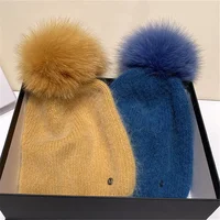 New Winter Real Rabbit Fur Knitted Beanies For Women Fashion Solid Warm real fox fur pompom hat Beanies Female warm Thick Hats 1