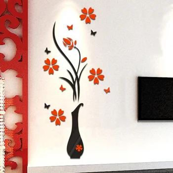 

Vase Plum Blossom Design 3D Wall Stickers Mirror Surface Pasters Crystal Stereoscopic Acrylic Background Wall Decals (Small)