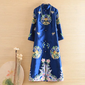 

High-end Elegant Lady Outerwear Autumn Chinese Style Embroidery Retro Women Vintage Loose Trench Coat Female S-XXL