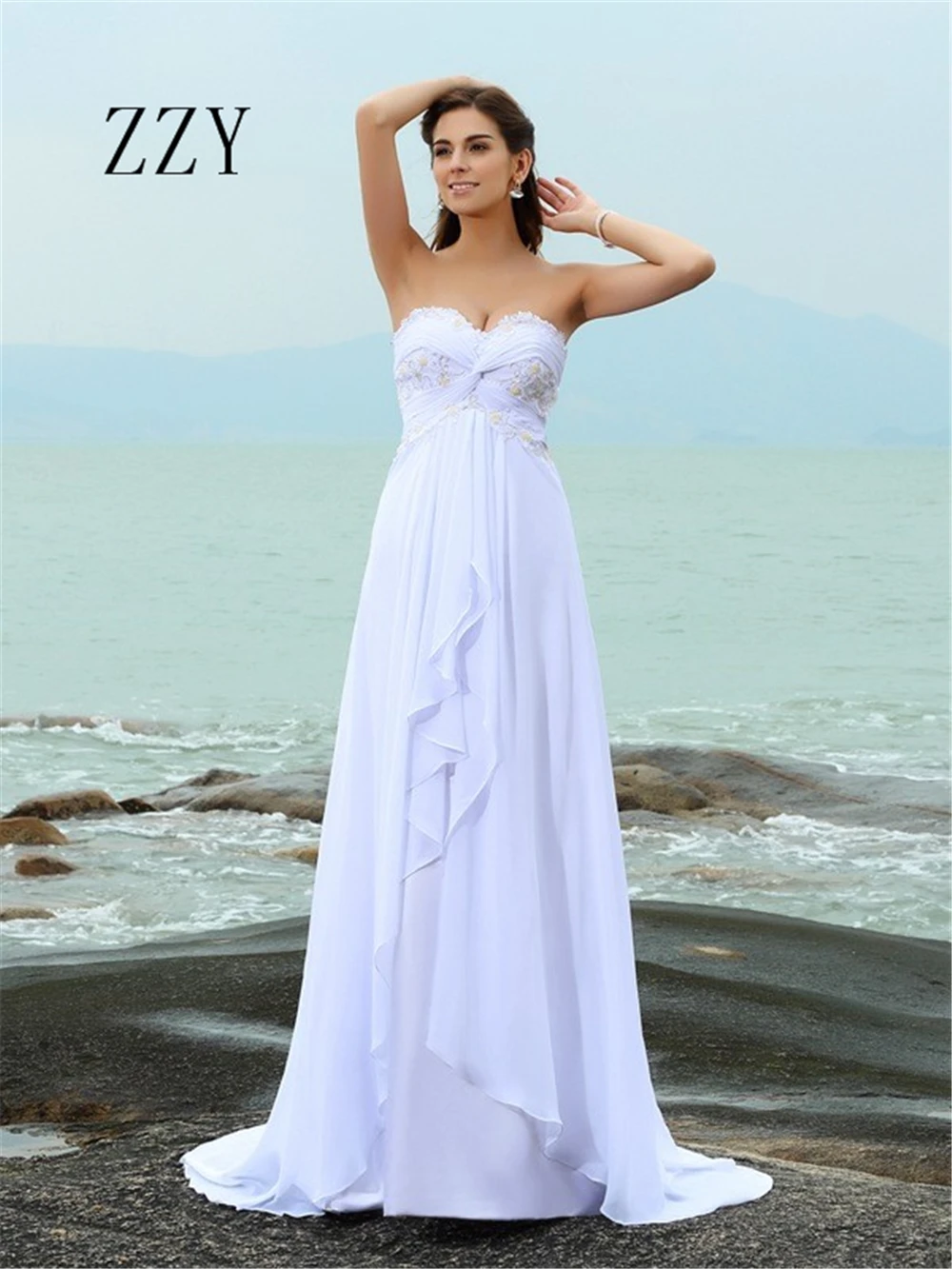 

Backless Sweetheart Neckline Appliques Pleat Beach Chiffon White Wedding Dresses With Appliques Vestido de Bridal Gowns 2019