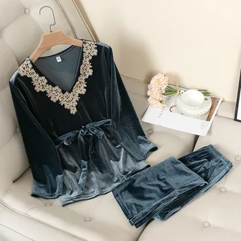 

Gold Velvet Pajamas Women's Autumn Winter Long-sleeved Trousers Pyjamas V-neck Plus Size Home Wear Suits Can Be Worn Outside New