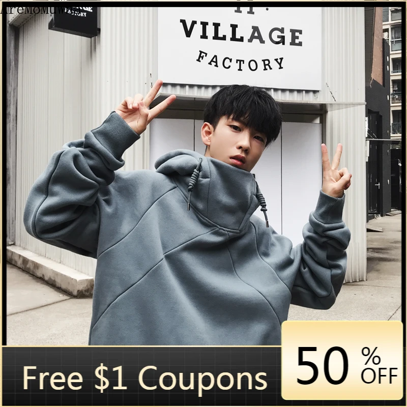 Autumn Winter New High Collar Sweatshirts Men's Hooded Hood Loose Plus Velvet Hoodie Korean Version of The Men Hoodies M-2XL | Мужская