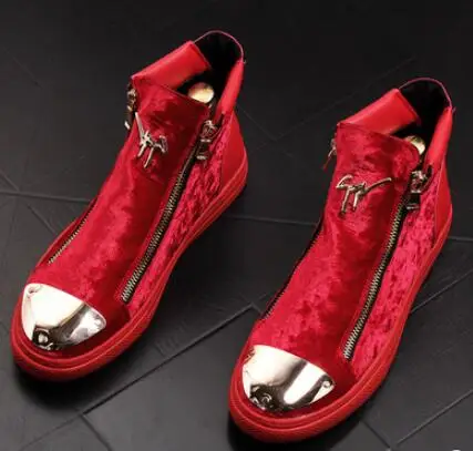 Мужские модные повседневные ботильоны; сезон весна-осень; ботинки для верховой езды из флока с металлическим украшением; высокие ботинки в стиле хип-хоп - Цвет: Красный