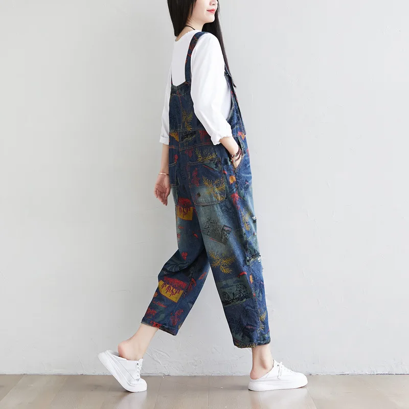 Women Denim Jumpsuit 2020 Autumn Plus Size Ripped Jeans Overalls with Pockets Print Loose Casual Baggy Pants