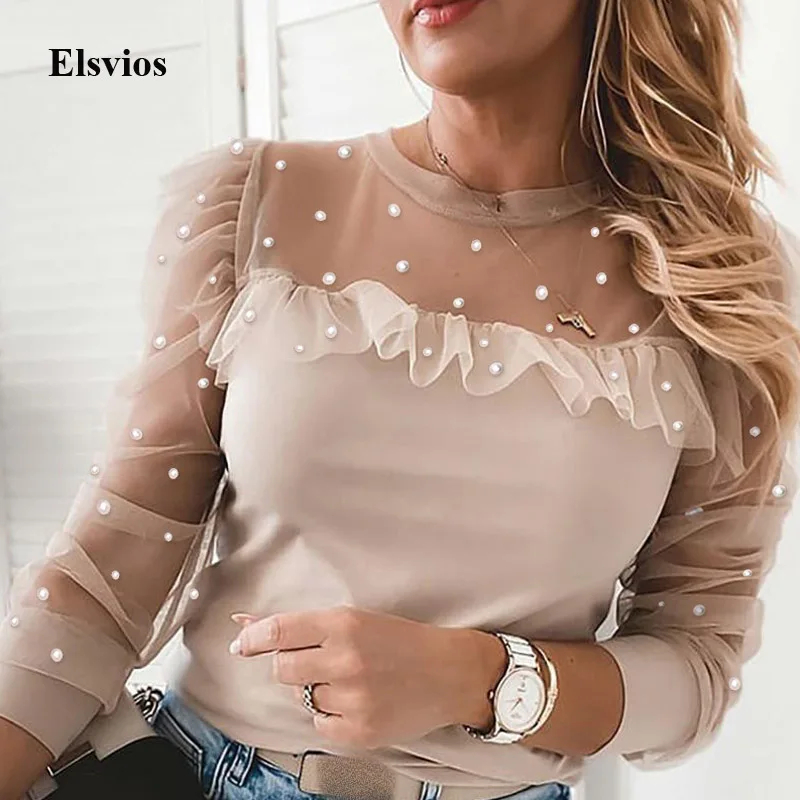 Autumn Patchwork Beaded Sheer Mesh Blouse Sexy O Neck Hollow Out Women Shirt Blusa Elegant Ruffle Puff Long Sleeve Tops Pullover 1