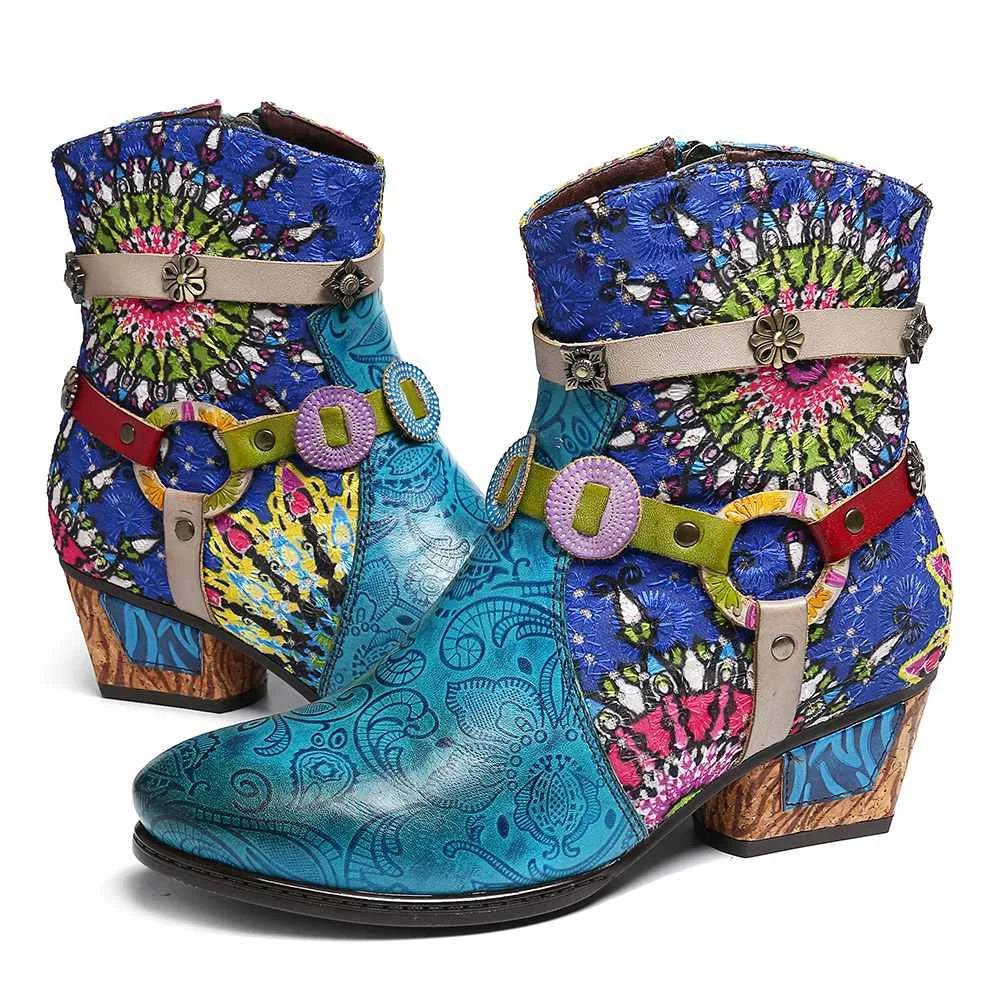 SOCOFY/ботинки из натуральной кожи; женские синие полусапожки на низком каблуке с принтом на молнии и резиновой подошве; элегантная обувь; женская обувь; Botines Mujer;