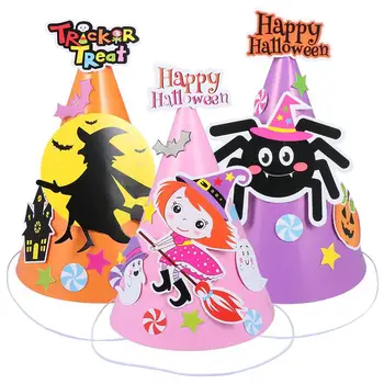 

12pcs Halloween Theme Handmade DIY Paper Hat Children Cartoon Pointed Hat Material Halloween Party DIY Decorations