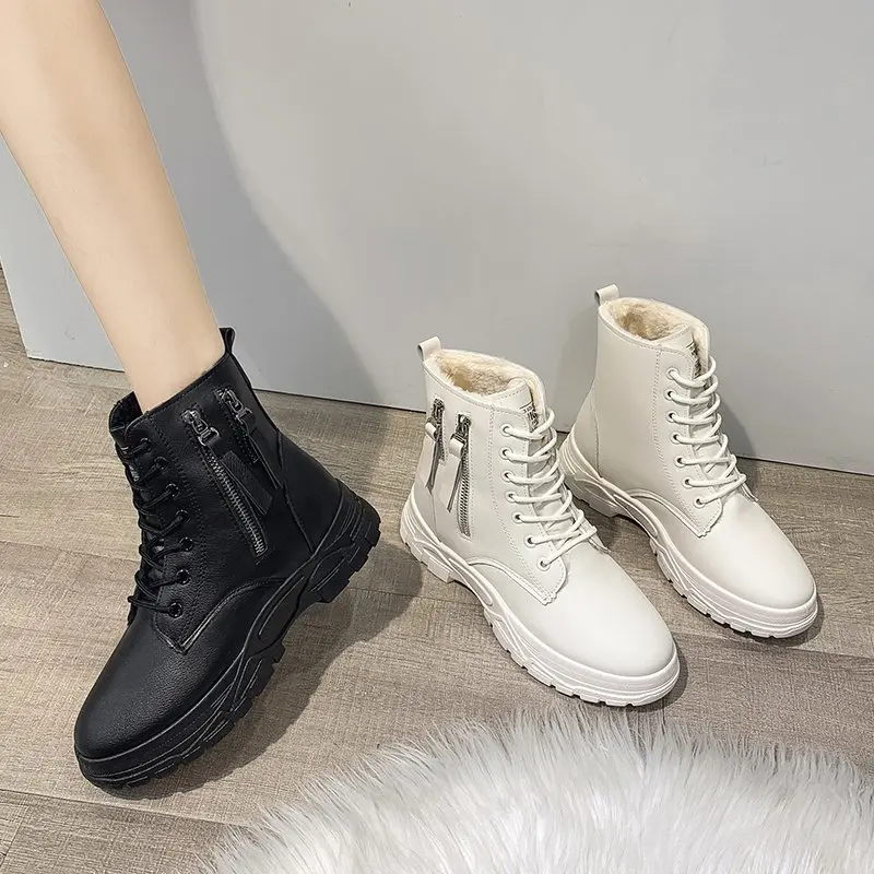 NEW Boots 2020 Beige Black Leather Boots Female Women Shoes Plush Martin Boots Women Fashion and Keep Warm Winter Boots Women NEW Boots 2020 Beige Black Leather Boots Female Women Shoes Plush Martin Boots Women Fashion and Keep Warm Winter Boots Women