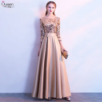 

Satin Evening Dresses Sequined Long Vestido De Festa Queen Abby A line O Neck 3/4 Sleeves Elegant Party Gowns Banquet Dress