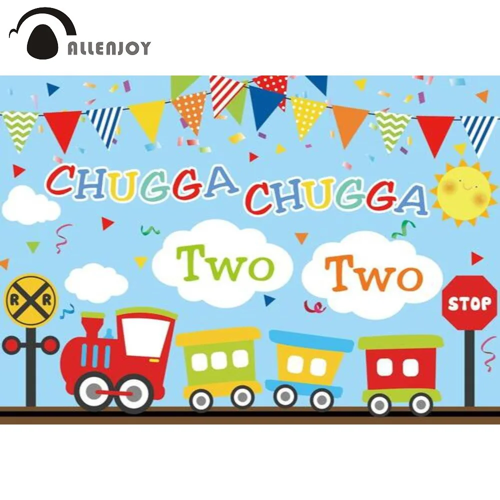Allenjoy Train Toy Birthday Party Kids Backdrop Colourful Dots Kindergarten Back to School Banner Ribbons Blue Sky Background |