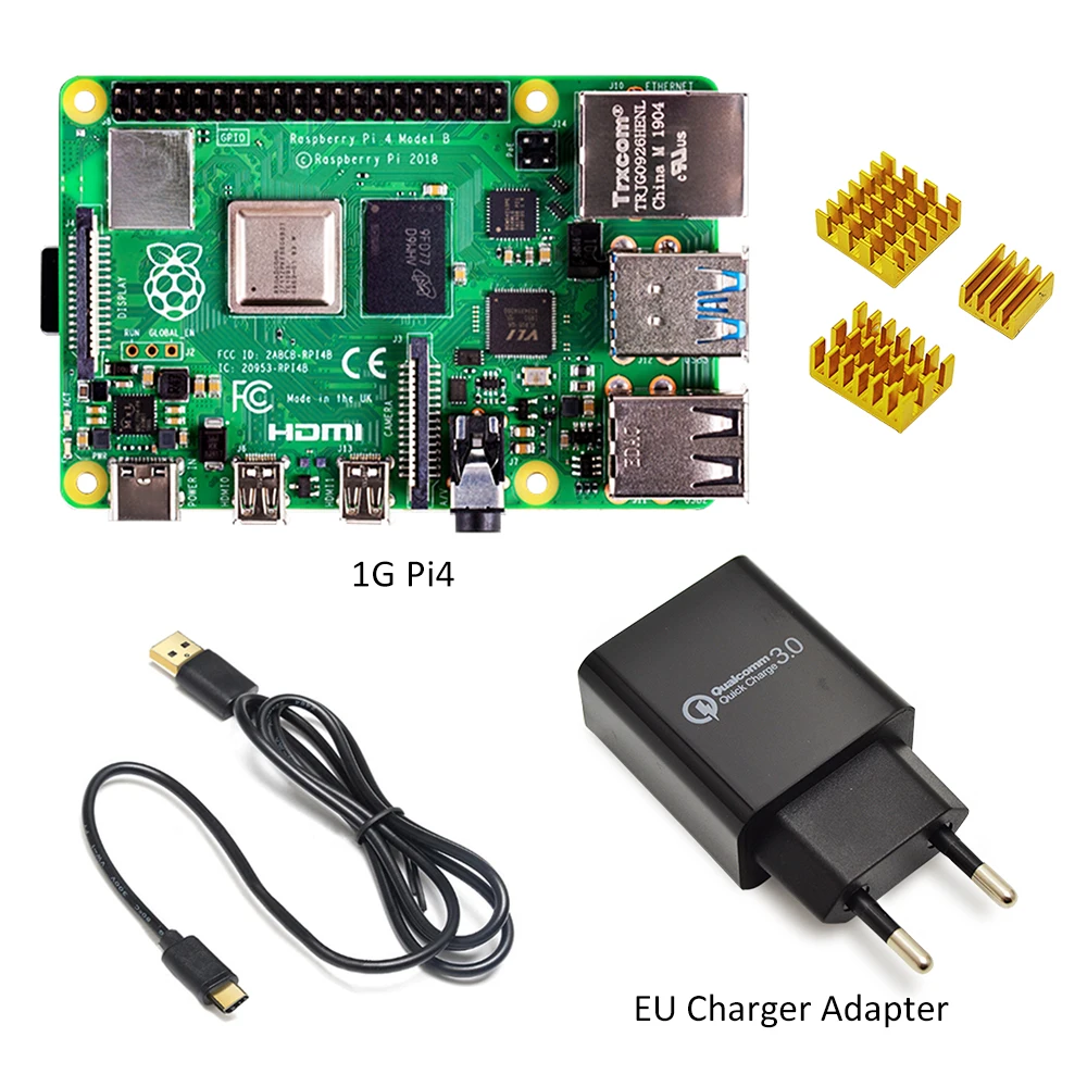 Raspberry pi 4 модель kit-1GB ram BCM2711 четырехъядерный процессор Cortex-A72 ARM v8 1,5 ГГц с зарядным устройством типа c для ЕС/США+ радиатор Pi 4