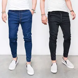2019 мужские джинсы-шаровары с эффектом потертости, блестящие джинсовые черные штаны в стиле хип-хоп, спортивная одежда с эластичной