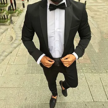 

Black Mens Suits 2020 Slim Fit Wedding Tuxedos Groom Wear Peaked Lapel Bridegroom Prom Suits 2Pcs Jacket Pants Costume Homme