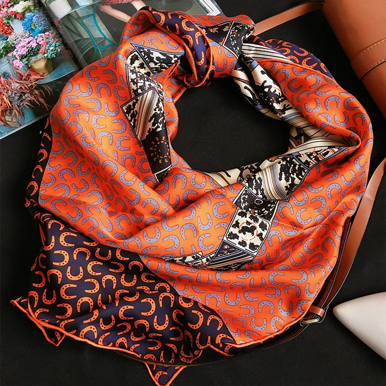 

Horseshoe Print Scarf Orange Women Scarf Luxury Brand Design Horseshoe Printing Shawls Wraps Handmade Hemming 140*140cm