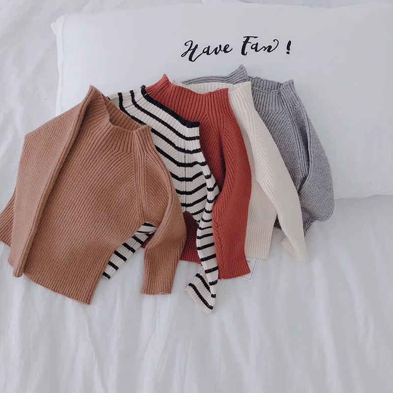 

Autumn Pits Knitted Sweater Girls Little Kids Simple Temperament New Long Sleeve Bottoming Shirt Children Korean Clothes G043