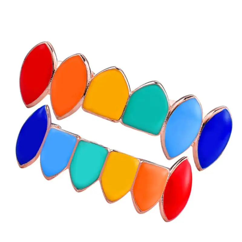 Hip Hop Gold Plated Colorful Rainbow  Fangs Top and Bottom Grill