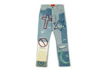 

Spring Autumn 2020 Who Decides War Faded Ripped Straight Jeans Hip-Hop Vintage Stitching Color Jeans Men Women Couple Jeans