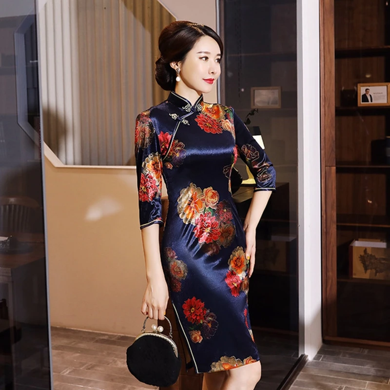 XL элегантный Улучшенный модный короткий рукав cheongsam с золотым бархатным принтом cheongsam женская Ретро короткая юбка