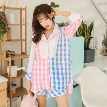 

Color-matching Lattice Ladies' Plaid Pajamas Suit Comfortable and Cool Cotton Seven-quarter Sleeve Shorts Home Women Pijamas Set