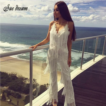 

2017 New women Sexy Tinsel Olive Green black white Spaghetti Strap flower V Neck Tiered Tassels Jumpsuit fashion runway rompers