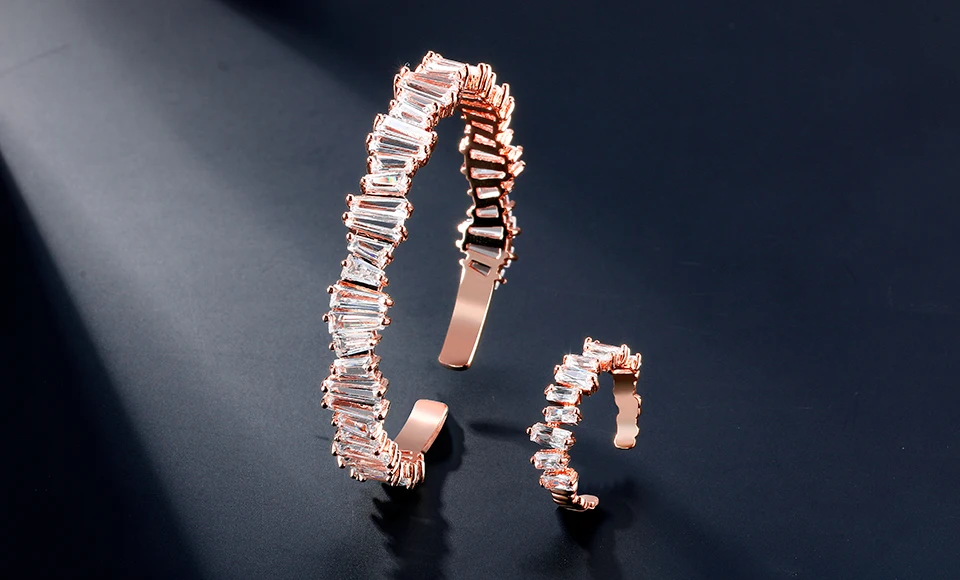 ZAKOL Luxury Square Cubic Zirconia Adjustable Bracelet Ring Set Bridal Jewelry for Women Wedding Dinner Birthday Gift FSSP3042
