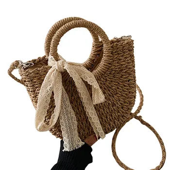 

Women Solid Color Handbag, Casual Style Beach Weaving Shoulder Bag with Detachable Long Strap