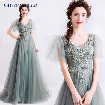 

V neck Tulle Evening Dress Long A-Line robe de soiree Women Formal Party Dress Open Back abiye gece elbisesi vestido de festa