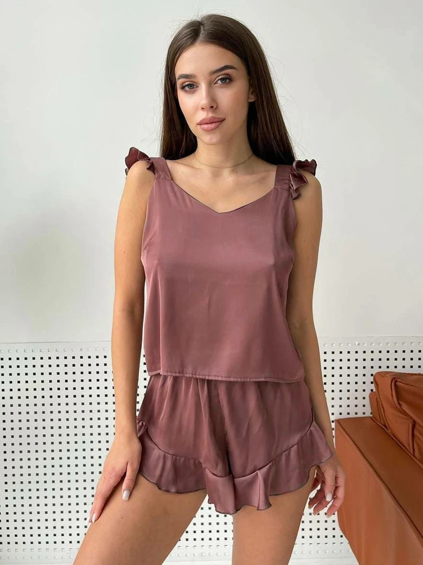 Waliicorners Nightwear Solid Color Sleepwear Sleeveless Ruffles Suits With Shorts Tank Top Pajamas 13 H563669dbec6a4fbeb936d882d40279d0v