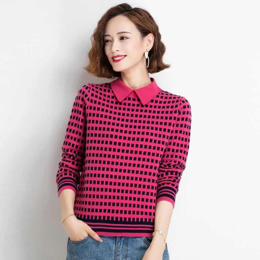 

Women Red Black Yellow Pullover Sweater Winter Autumn Warm Soft Jumper Mujer Thermal Pater Pan Collar Stripe Hem Ripple Knitwear