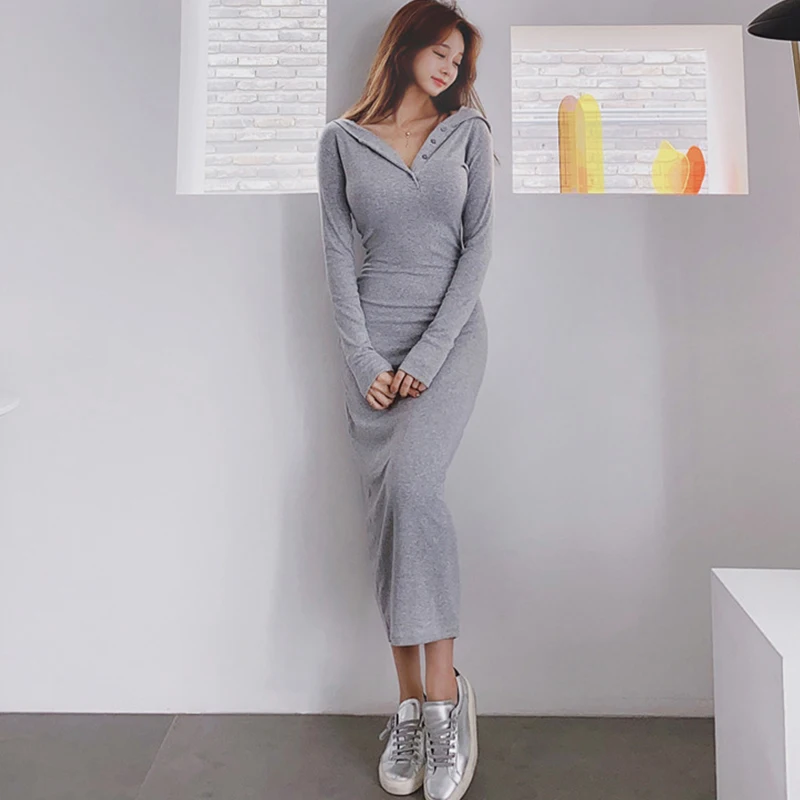 

Fashion Vintage Casual Hooded Long Sleeve Long Party Dress Ladies Elegant Streetwear Robe Sexy Bodycon Skinny Female Split Dress