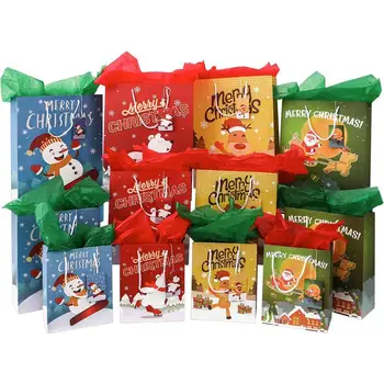 

12Pcs Christmas Gift Bags Paper Gift Wrapping Bag Kit Assorted Xmas Prints Treat Storage Bags with Gift Tags and Tissue Paper