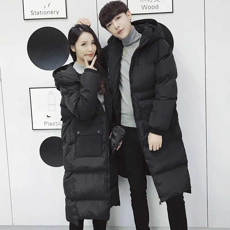 black Корейский Boyfrend негабаритный пуховик для влюбленных, мужское длинное пальто с карманами, куртка с капюшоном, утепленная хлопковая подкладка, Зимняя парка, пальто - Цвет: black