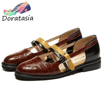 

DORATASIA Women Cover Toe Buckle Slip On Low Heel Shoes Summer Fashion Sandals Women Genuine Leather Mixed Color Sandals