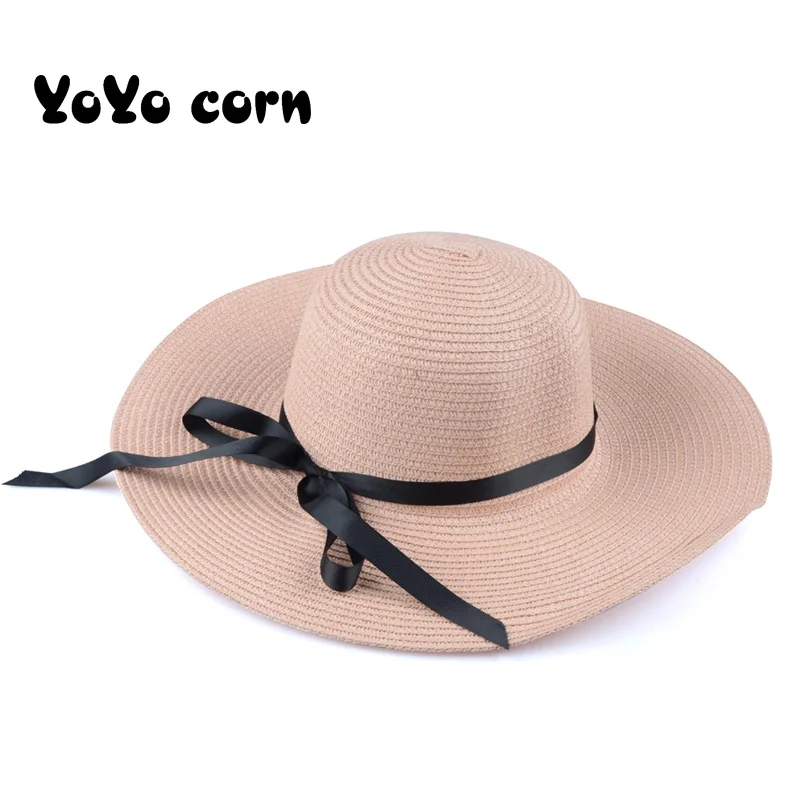 YOYOCORN летняя соломенная шляпа, женская пляжная шляпа с большими широкими полями, шляпа от солнца, складная Солнцезащитная Панама с защитой от ультрафиолета - Цвет: pink